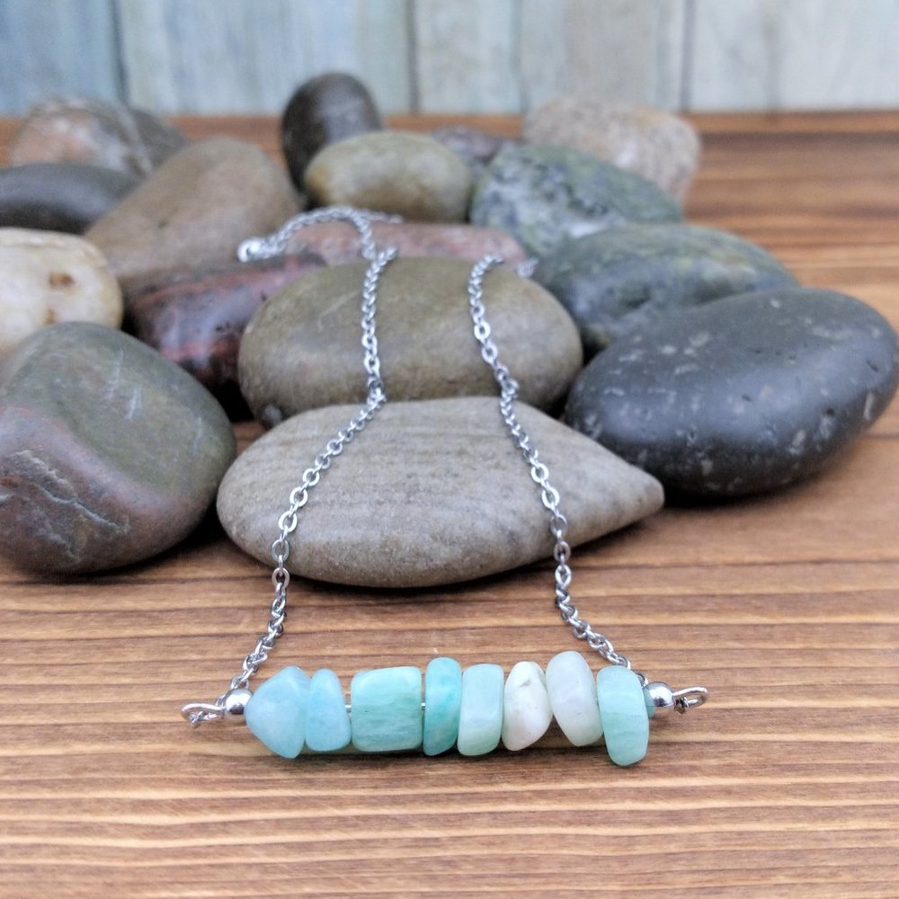 Amazonite Chip Nugget Bar Charm Stainless Steel Chain Necklace